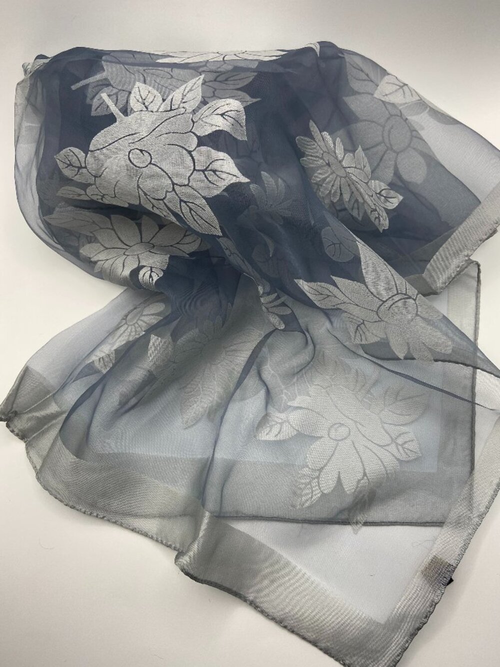 Vintage Scarf 60's to 70's 100% Nylon Made in Japan Silver Blue Floral Burnout